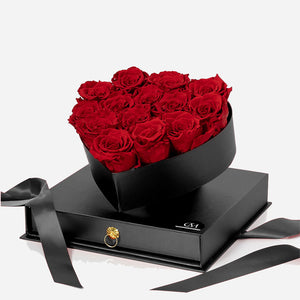 Black Heart Box. Red Preserved Roses