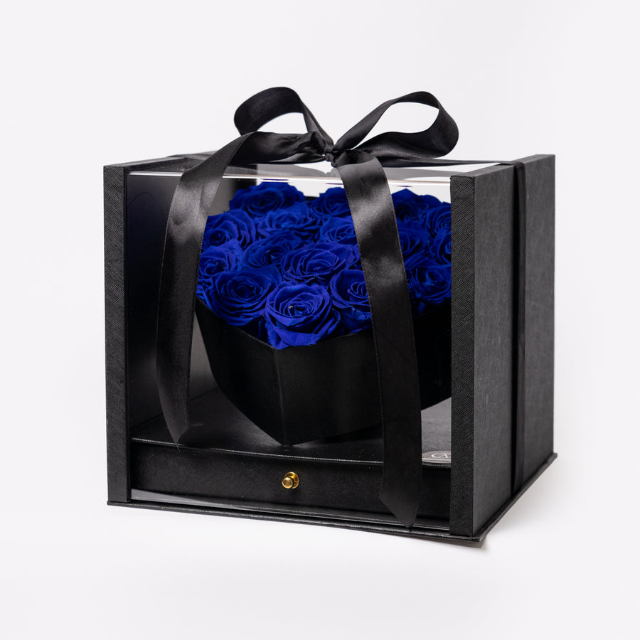Black Heart Box. Blue Preserved Roses