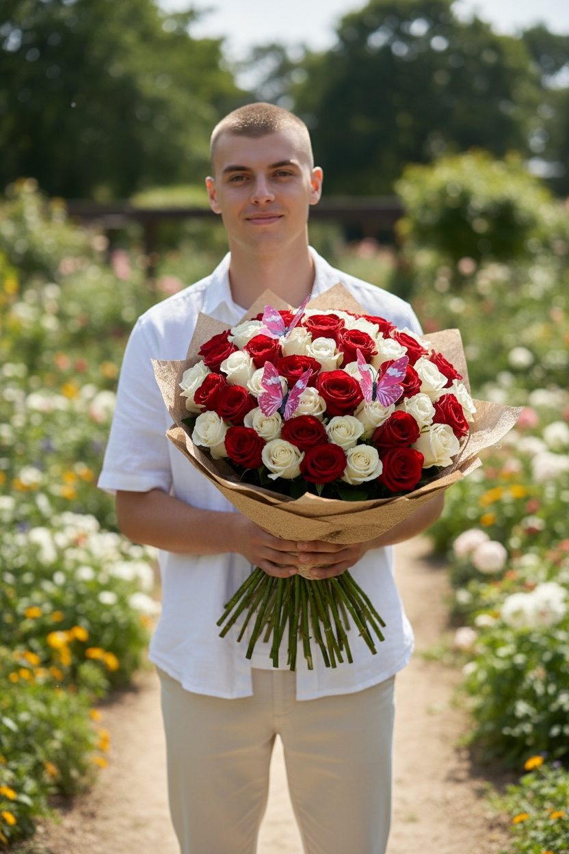 Man holding a bouquet of red, white, and pink roses perfect for Valentines Day