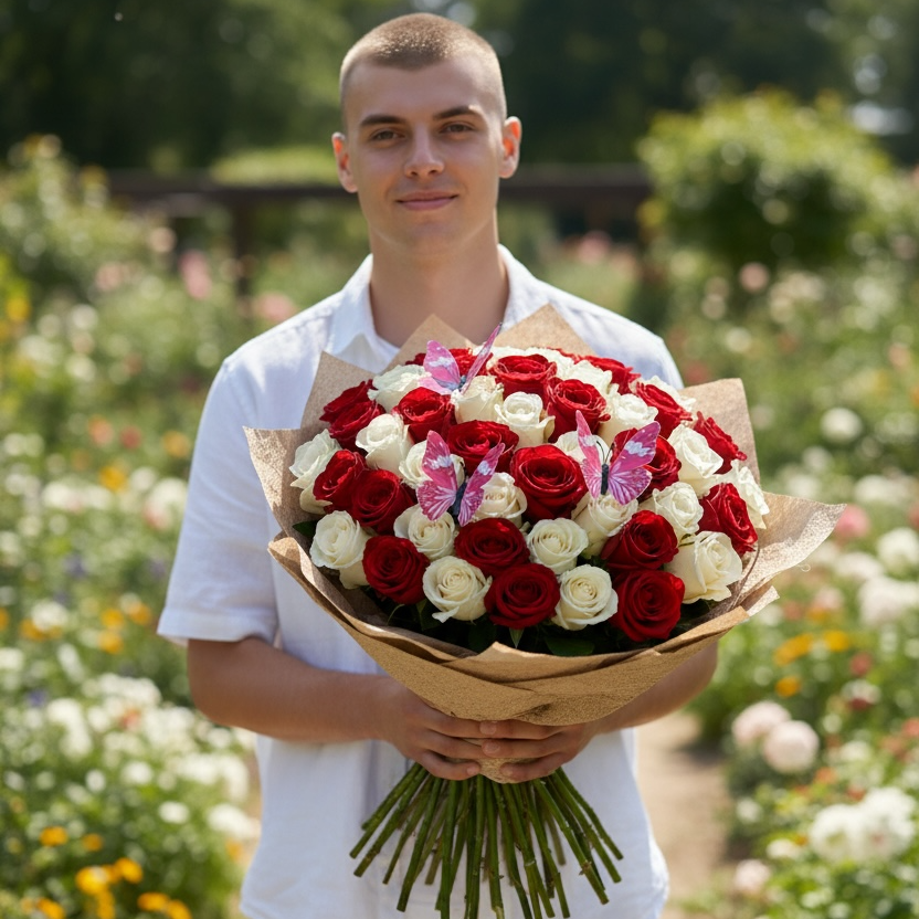 Man holding a bouquet of red, white, and pink roses perfect for Valentines Day