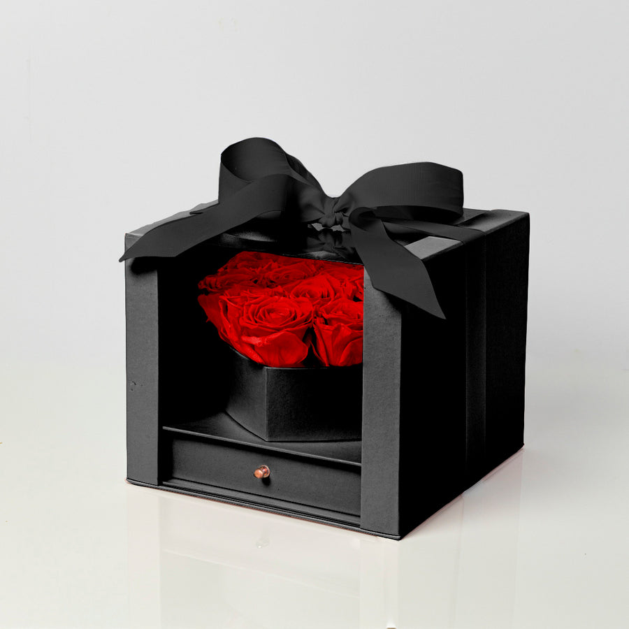 Black Heart Box. Red Preserved Roses